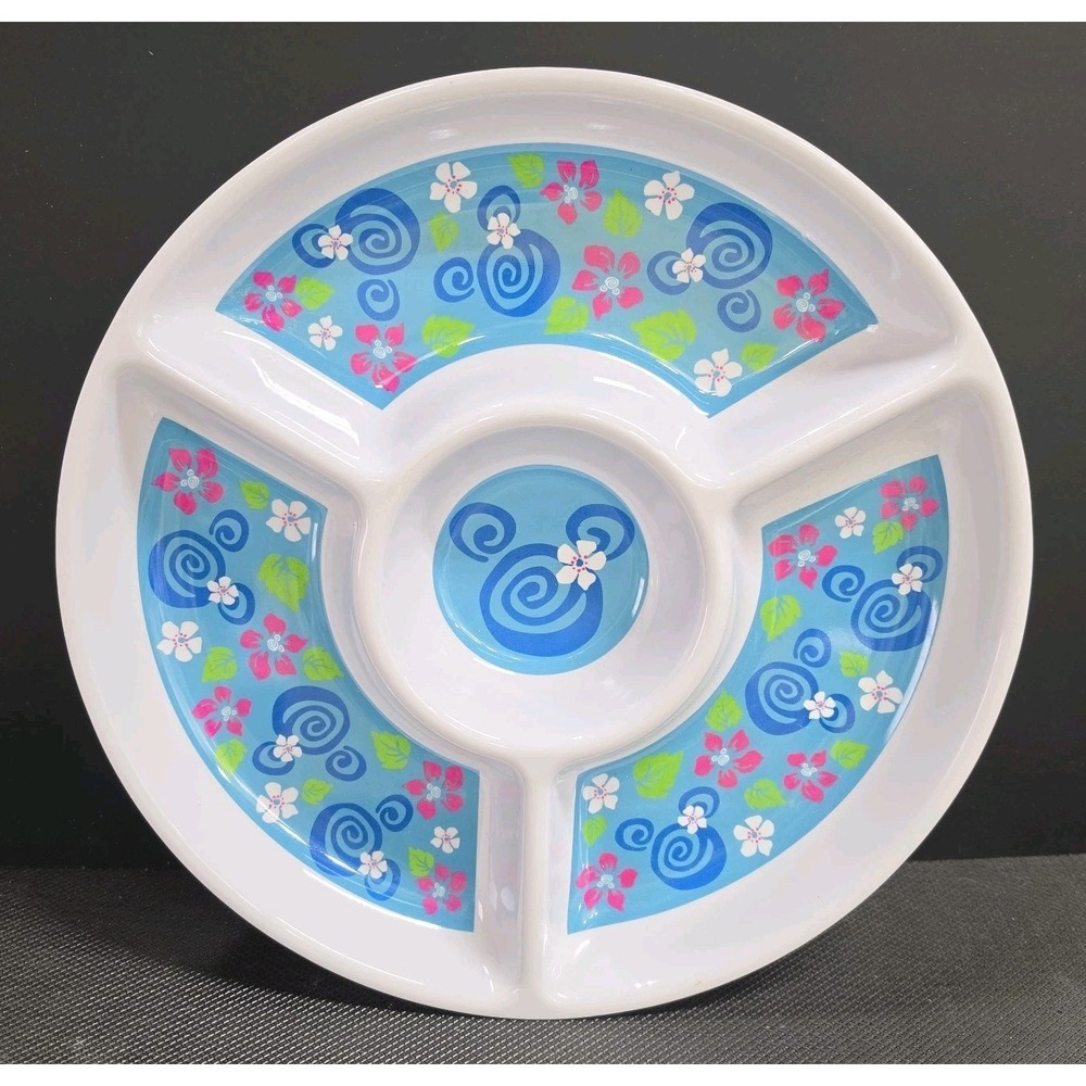 Disney Dip Tray Party Serving Platter Round Plastic Mickey Mouse Hawaiian Floral